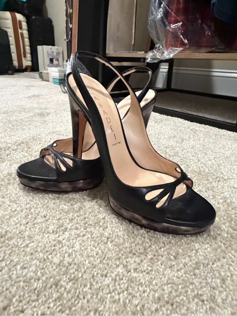 Casadei Black Leather Cutout Open-Toe Slingback Heels